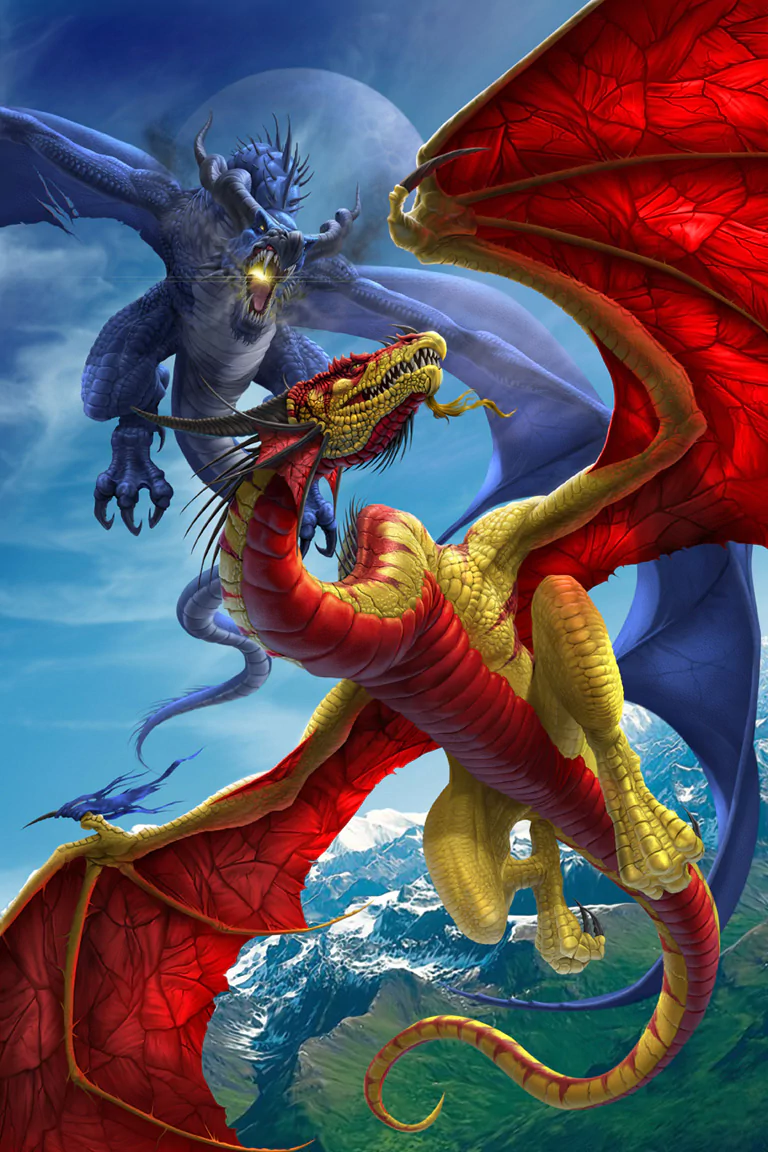A vibrant fantasy scene featuring two dragons mid-flight, one red and gold with expansive wings, and one blue and fierce, set against a mountainous backdrop under a full moon.