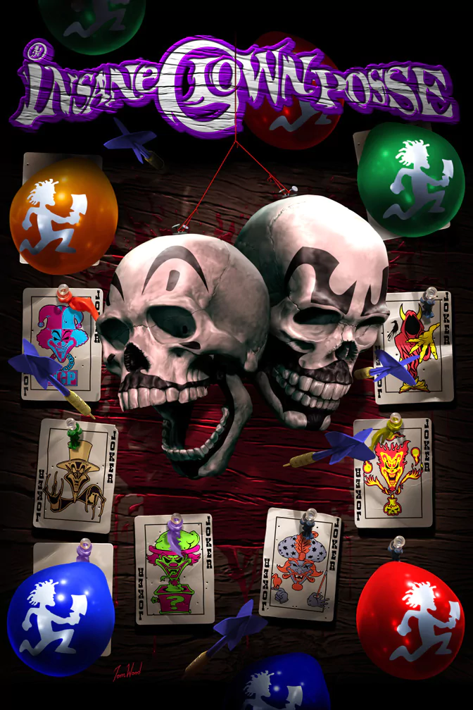 Insane Clown Posse music poster: two skulls with clown makeup, joker playing cards and colorful ICP balloons beneath the band's purple logo on a dark wooden background.