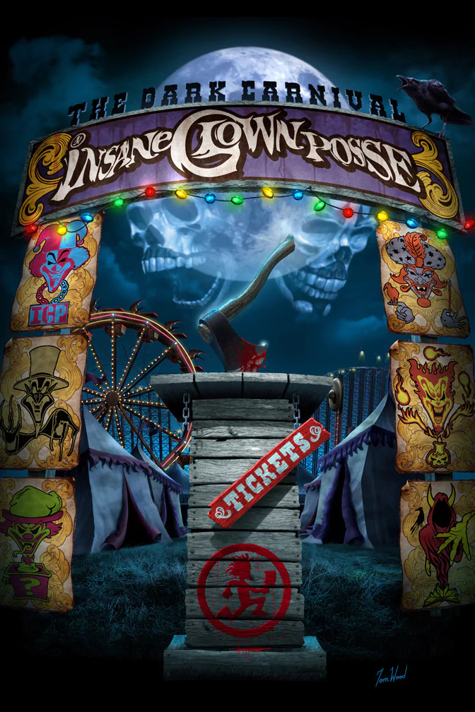 A dark carnival entrance with colorful lights and posters, featuring an axe and a pedestal marked with the Insane Clown Posse logo under a full moon.