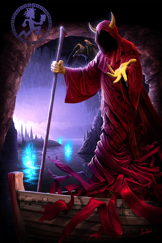 A dark figure in a red robe, holding a staff, navigates a mystical boat through eerie waters, embodying the essence of Insane Clown Posse's haunting themes in this striking artwork.