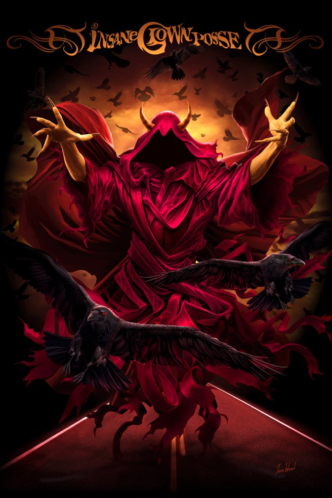 A dramatic artwork featuring a cloaked figure in red, surrounded by black birds, symbolizing the intense energy of Insane Clown Posse and their music.