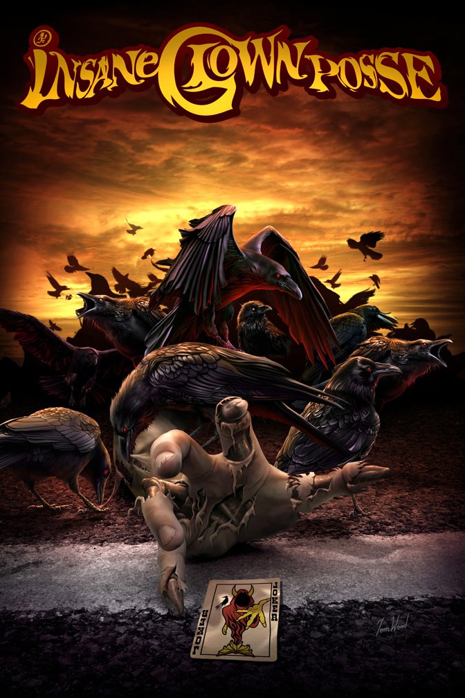 Album cover art for Insane Clown Posse featuring a dramatic sunset, dark crows surrounding a reaching hand, and a Joker playing card on the ground.