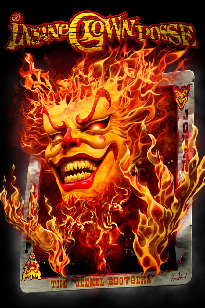 A fiery, menacing clown face engulfs a Joker playing card with the bold Insane Clown Posse logo above, capturing the intense and chaotic energy of the music group.