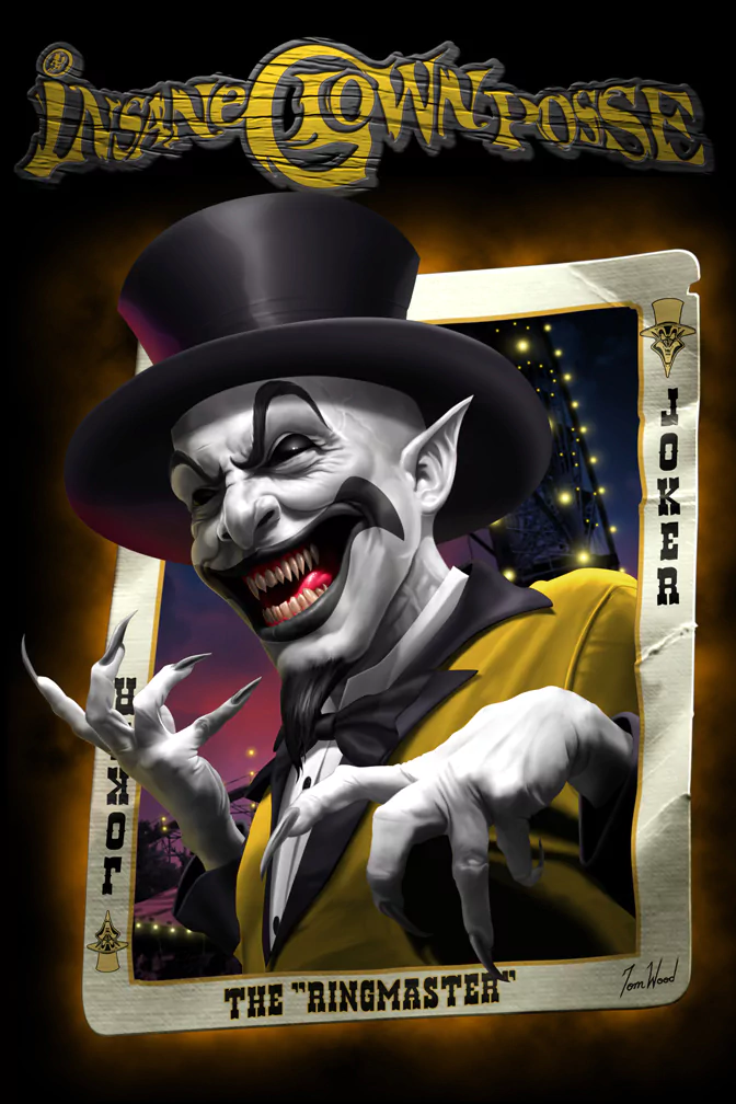 A sinister clown character called The Ringmaster from Insane Clown Posse, dressed in a top hat and yellow coat, emerges from a Joker playing card with a dark, theatrical background.