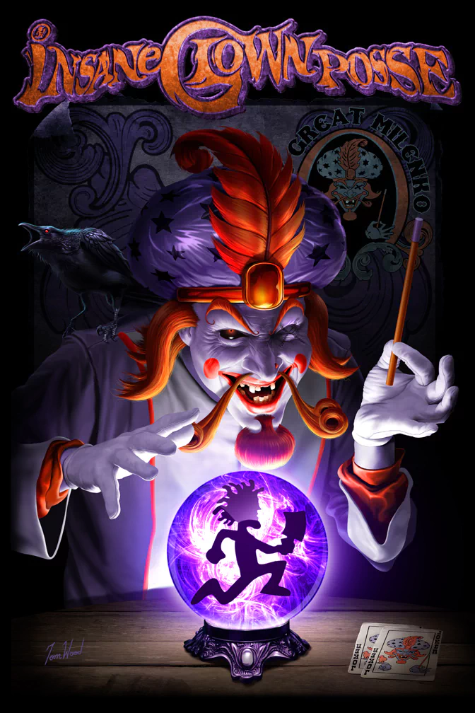 Sinister fortune-teller clown looming over a glowing crystal ball with the Insane Clown Posse hatchetman silhouette and the band logo — music poster art.