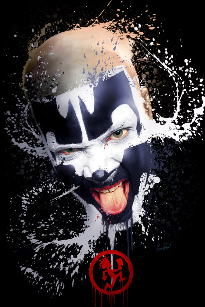 Close-up of a snarling face-painted performer in Insane Clown Posse-style black-and-white makeup, tongue out, splattered paint and red ICP logo.