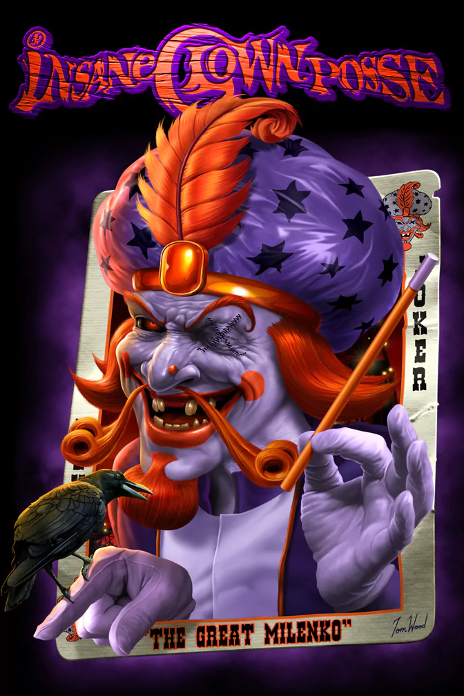 Illustration of a purple-skinned jester with orange hair and a feathered hat, holding a crow and a pipe, framed as a playing card labeled The Great Milenko for Insane Clown Posse music.