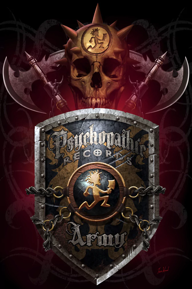 Dark music emblem: skull above a shield reading Psychopathic Records with Insane Clown Posse hatchetman, crossed axes and an Army banner.