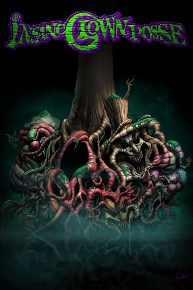 Dark poster for music act Insane Clown Posse: neon purple-green logo over a gnarled tree stump whose writhing roots form skull-like faces emerging from mist.