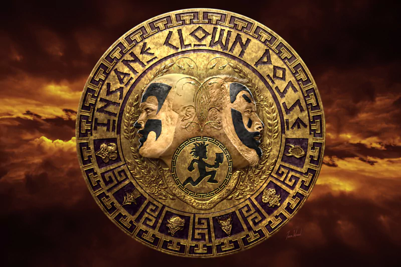 Gold medallion emblem with clown masks and Insane Clown Posse lettering against a stormy sky, a music-themed tribal-style logo.
