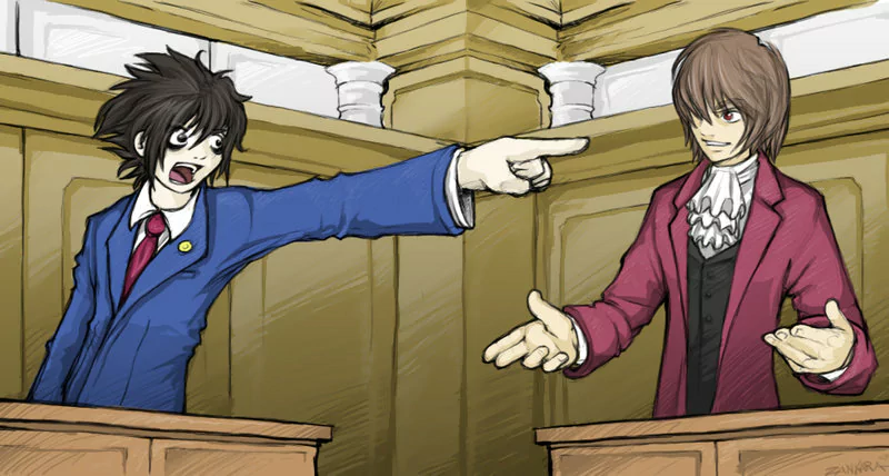 A dynamic crossover scene featuring characters from Death Note and Ace Attorney, set in a courtroom. One character passionately points while another gestures confidently.