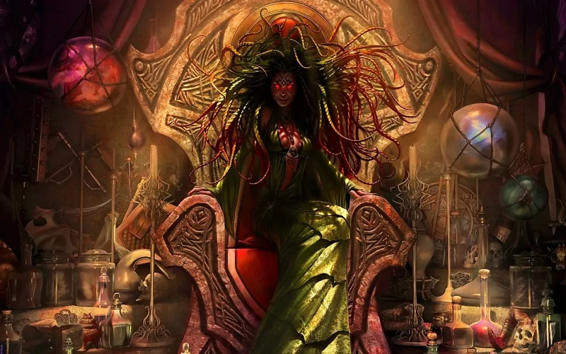 A powerful figure adorned with flowing green garments and elaborate hair sits confidently on a throne, surrounded by mystical artifacts and colors, embodying themes from Magic: The Gathering.