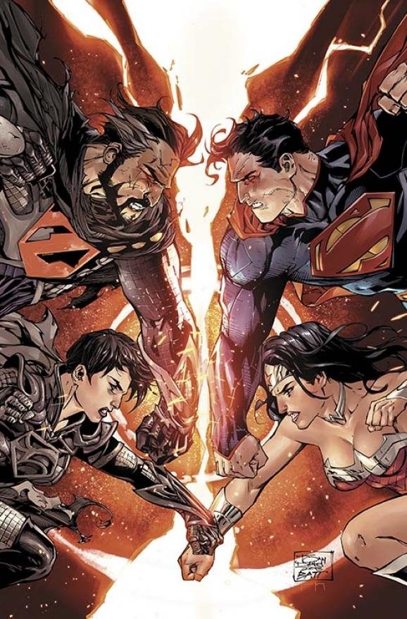 General Zod and Superman clash fiercely while Wonder Woman and another armored figure face off in an intense comic battle scene.