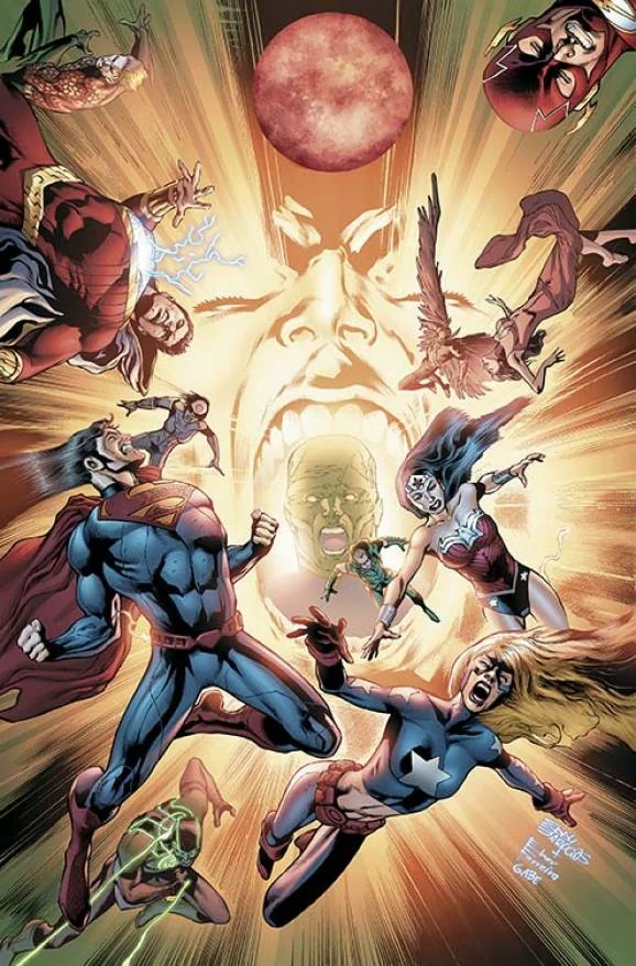 Comic art: Justice League heroes including Superman, Wonder Woman, Flash, Green Lantern, Green Arrow and Martian Manhunter, plus Shazam (Billy Batson) and Stargirl (Courtney Whitmore), around a glowing cosmic face.