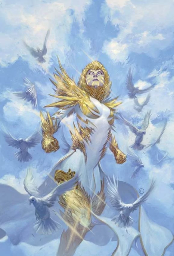 Comic depiction of Trinity of Sin: Pandora rising through clouds, white-and-gold feathered armor, glowing eyes, surrounded by doves and radiant light.
