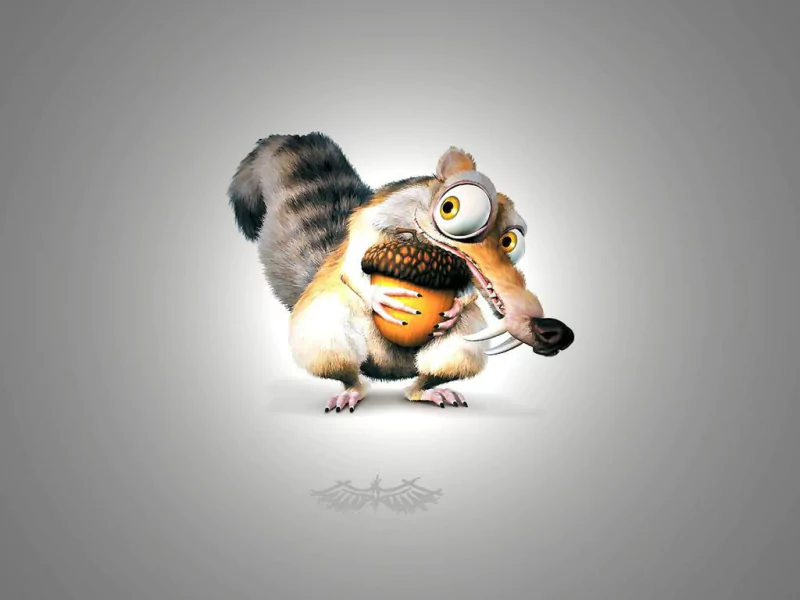 Scrat, the mischievous squirrel from Ice Age, clings to a nut with wide eyes, capturing his iconic blend of determination and clumsiness in this animated movie scene.