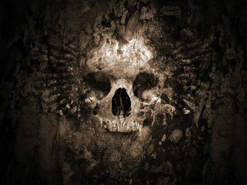 A dark, eerie skull emerges from a decaying background, embodying an evil essence as it vividly contrasts with the decomposed textures surrounding it.