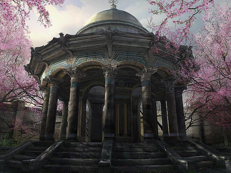 A stone building with a domed roof, surrounded by blooming cherry blossom trees, showcases intricate architectural details amidst a serene landscape.
