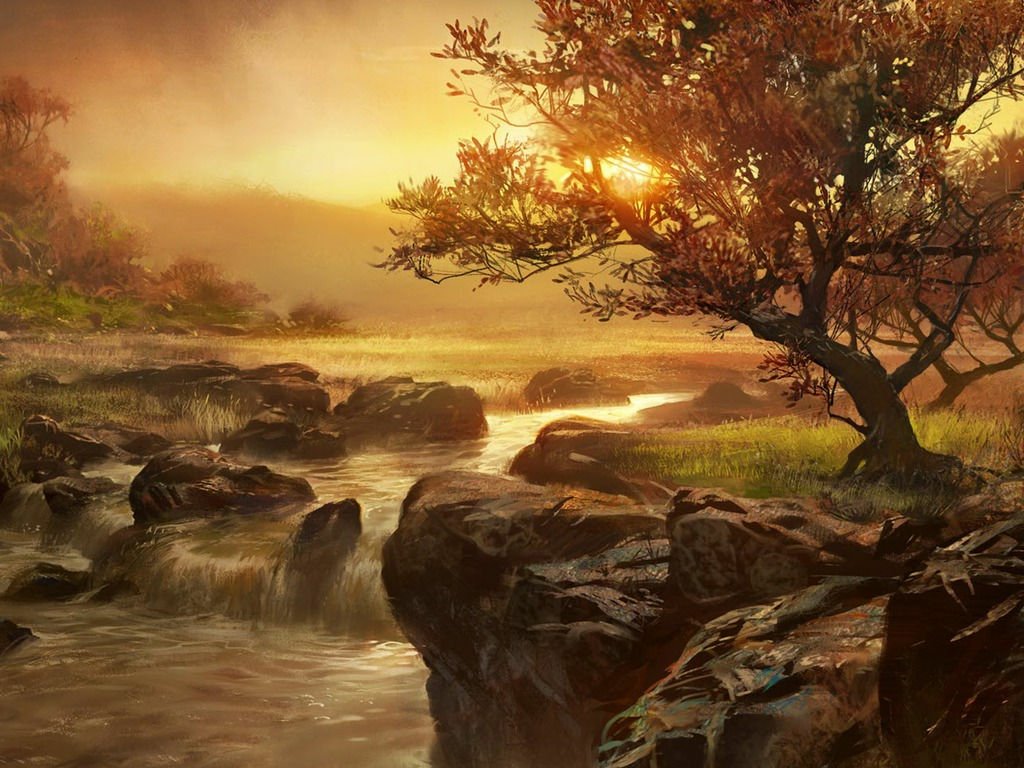 A serene mountain creek flows through a forest, with golden sunshine illuminating the water and rocks, creating a tranquil natural scenery near a waterfall.