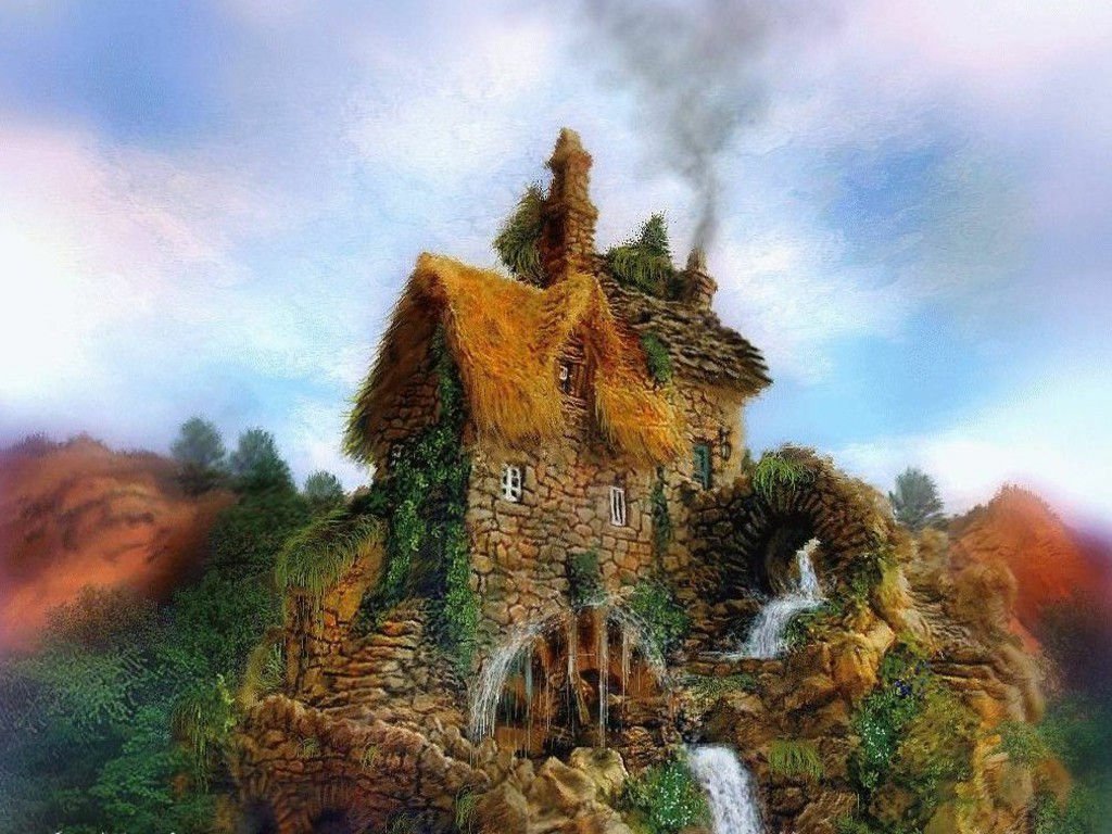 A charming stone house with a thatched roof, surrounded by a lush forest and mountains. Smoke rises from the chimney, while a waterfall cascades nearby, adding to the serene landscape.