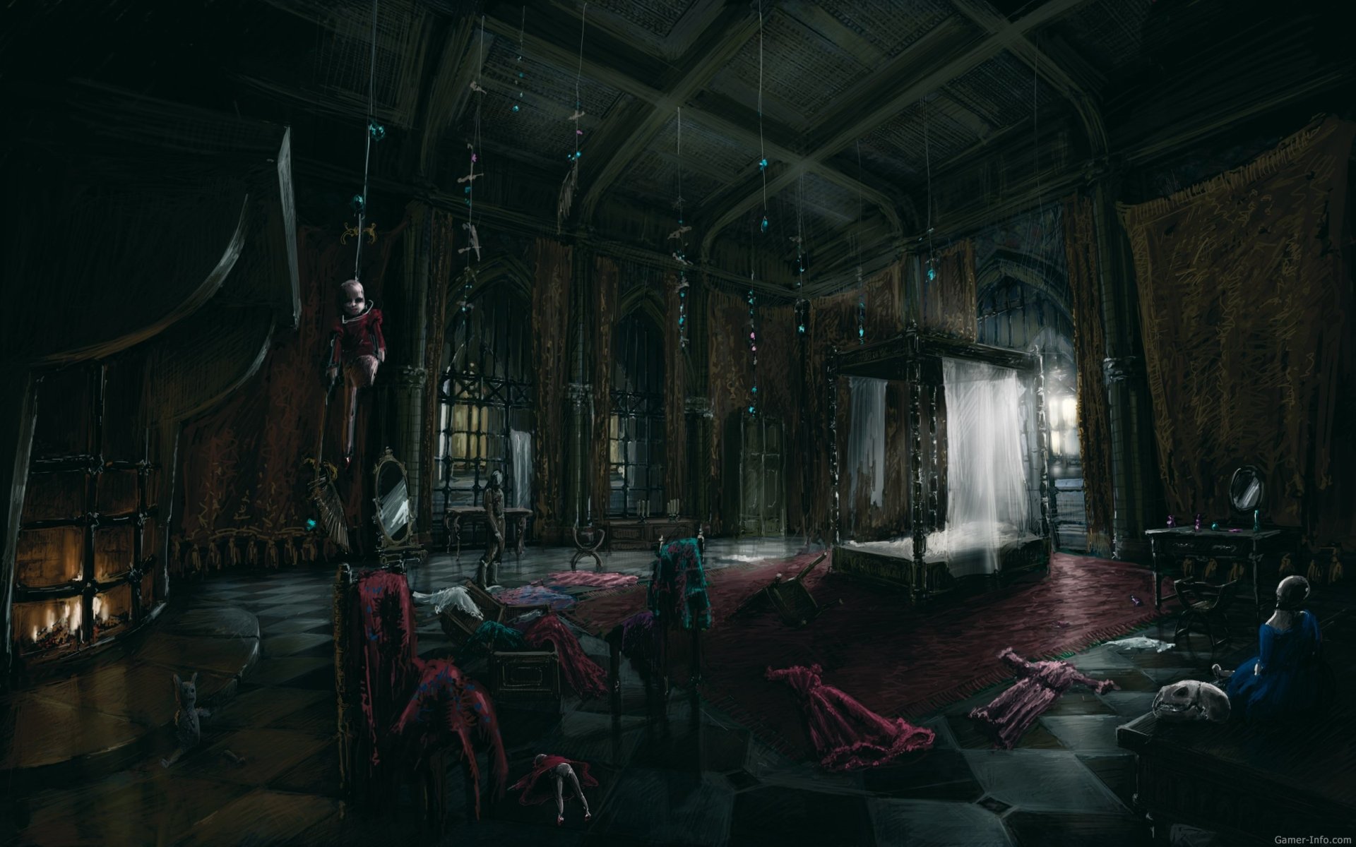 Gloomy, blood-streaked throne room from The Witcher 2: Assassins Of Kings — tattered red banners, hanging corpses, strewn furnishings and a lone figure standing in a shaft of light.