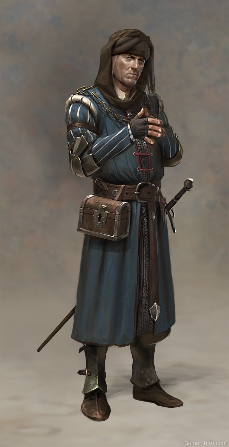Character from the video game The Witcher 2: Assassins of Kings wearing medieval armor, a blue tunic, and a hood, with a sword sheathed at his side.