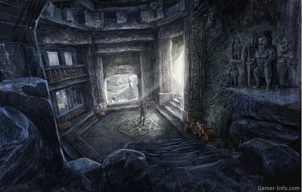 The Witcher 2: Assassins Of Kings — dim blue-gray stone chamber with carved statues, worn stairs and a glowing ritual circle in the center, an atmospheric ruined interior.