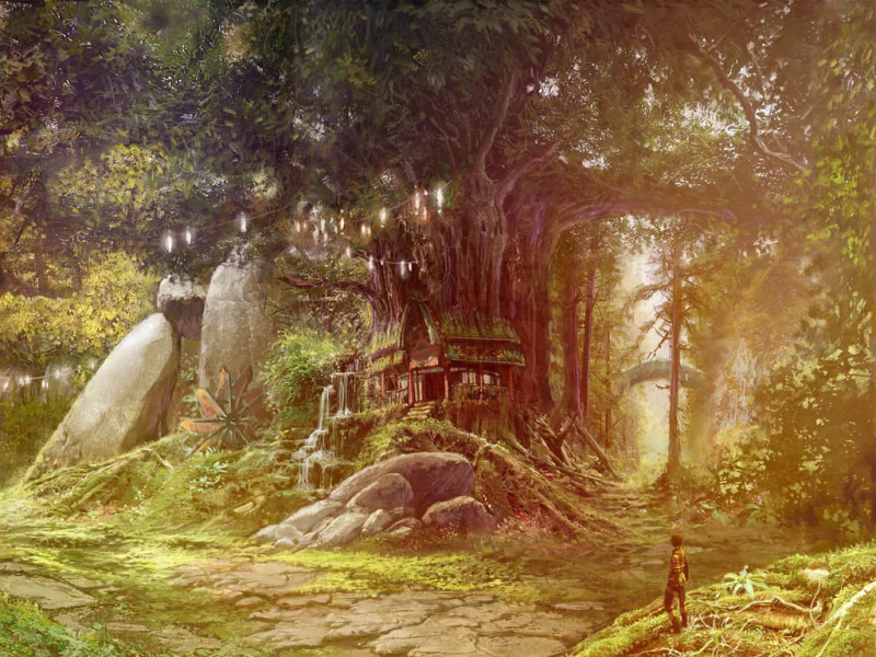 A serene forest scene featuring an artistic arrangement of boulders and a majestic tree, creating a magical atmosphere amidst lush greenery.