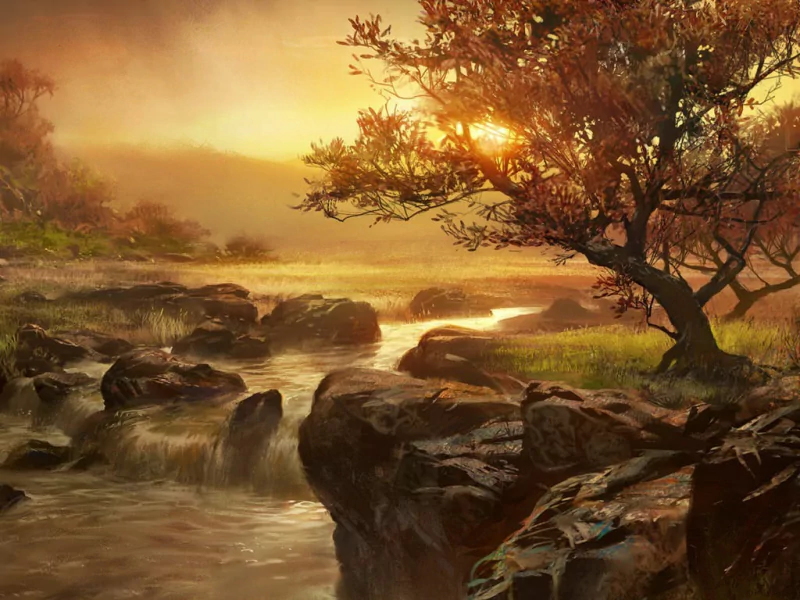 A serene mountain creek flows through a forest, with golden sunshine illuminating the water and rocks, creating a tranquil natural scenery near a waterfall.