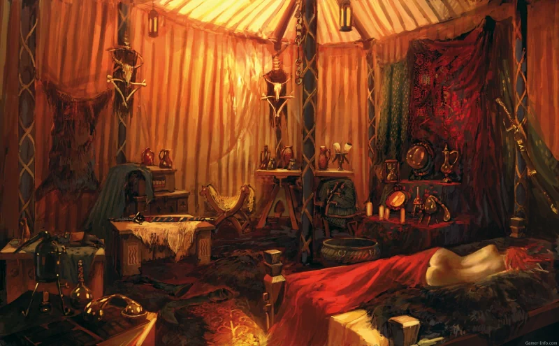 Interior of a richly decorated tent from the video game The Witcher 2: Assassins Of Kings, featuring ornate furniture, tapestries, and warm lighting.
