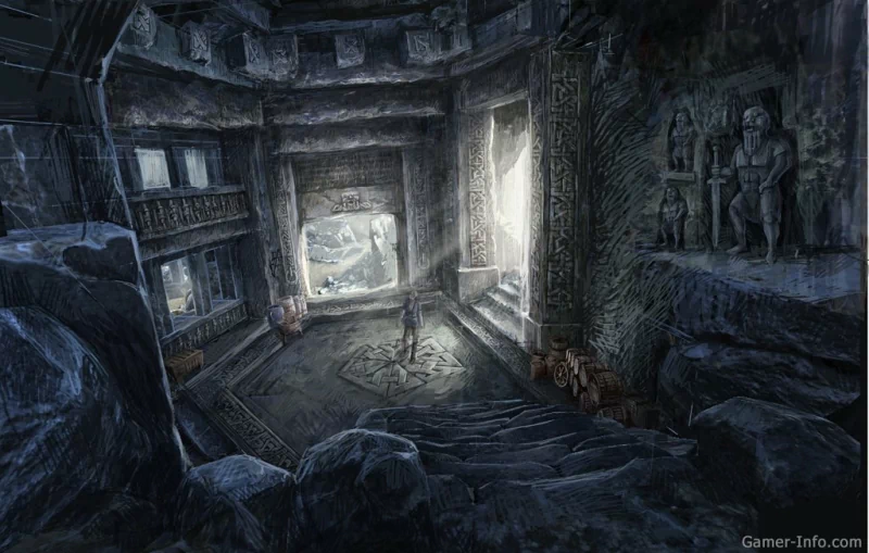 The Witcher 2: Assassins Of Kings — dim blue-gray stone chamber with carved statues, worn stairs and a glowing ritual circle in the center, an atmospheric ruined interior.