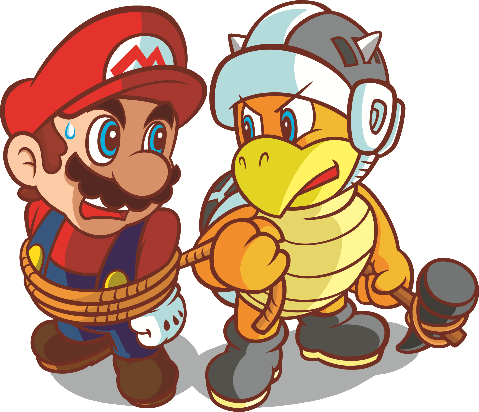 Cartoon of Mario tied up and captured by a Hammer Bro Koopa from the Mario video game series.