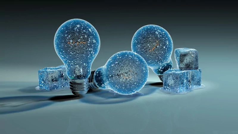 Three artistic light bulbs surrounded by translucent ice cubes, creating a striking contrast of elements and textures against a softly lit background.