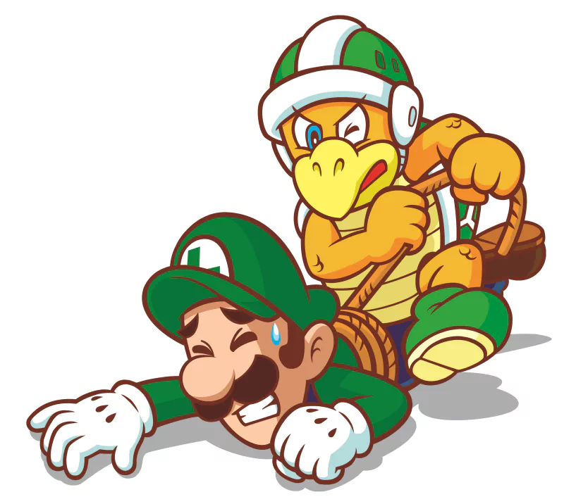Luigi from the Mario video game series struggles on the ground as a Hammer Bro Koopa holds him with a rope, preparing to strike.