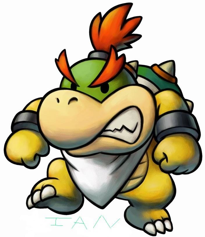 Cartoon image of Bowser Jr. from the Mario video game series, showing him in a determined pose with clenched fists and a fierce expression.