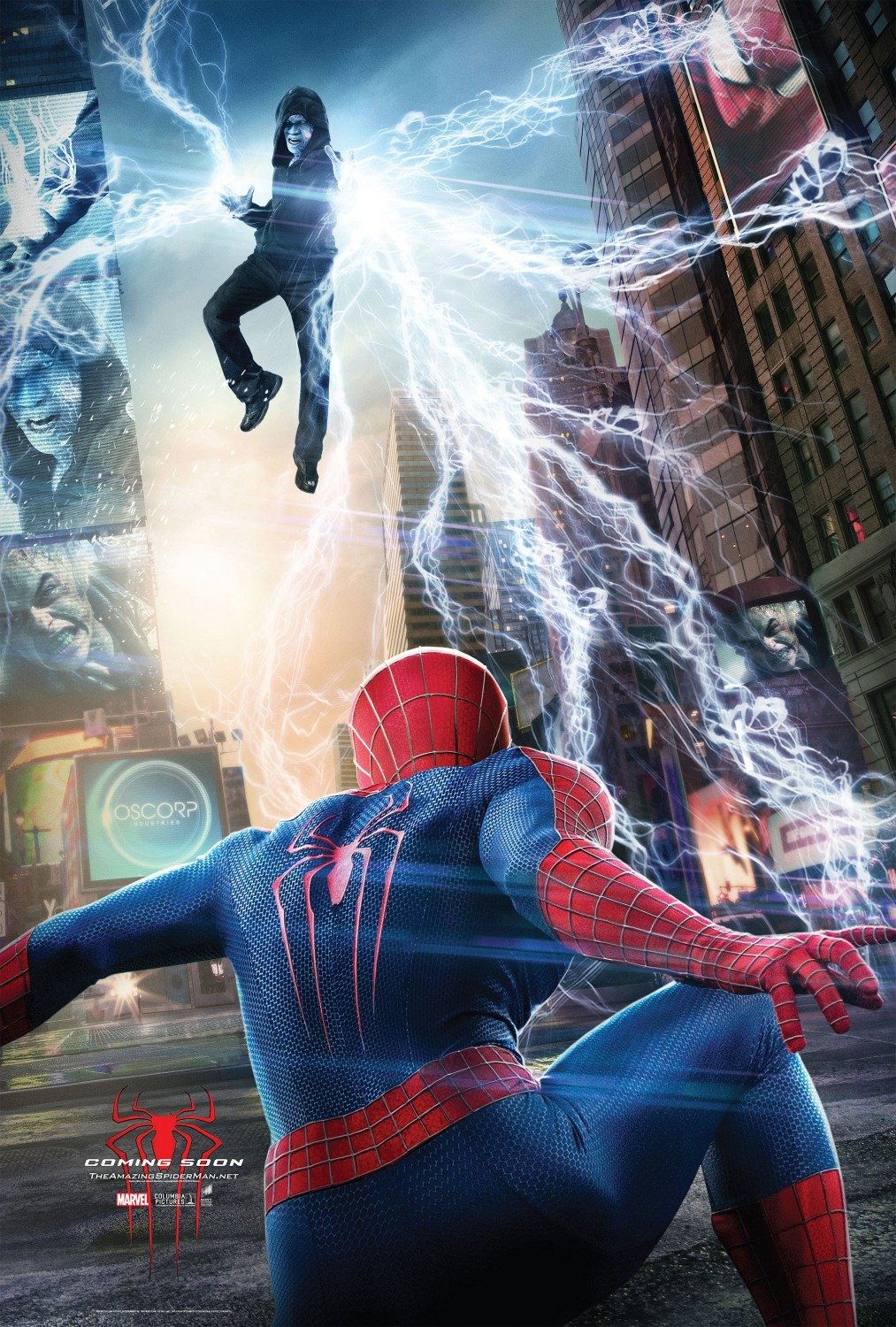 Poster for The Amazing Spider-Man 2: Spider-Man crouches on a rain-slick street as Electro hovers above, blue lightning arcing across towering city skyscrapers.
