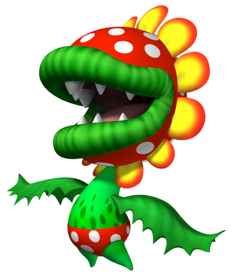 Petey Piranha, a large plant monster from the Mario video game series, with a spotted red head, sharp teeth, and leafy green limbs.