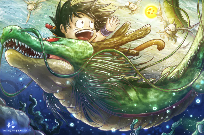 A vibrant anime scene from Dragon Ball shows a joyful character riding a majestic dragon through an underwater world, surrounded by playful creatures and bright orbs.