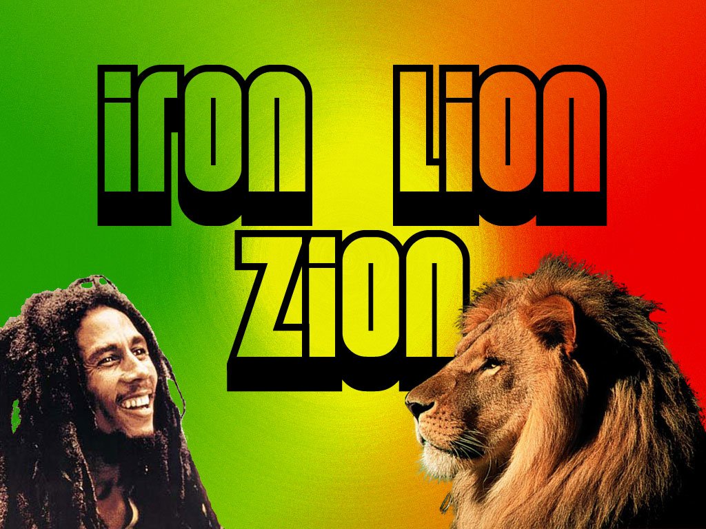 Colorful image featuring Bob Marley smiling on the left and a lion on the right, with the text Iron Lion Zion over a red, yellow, and green background, symbolizing reggae music.