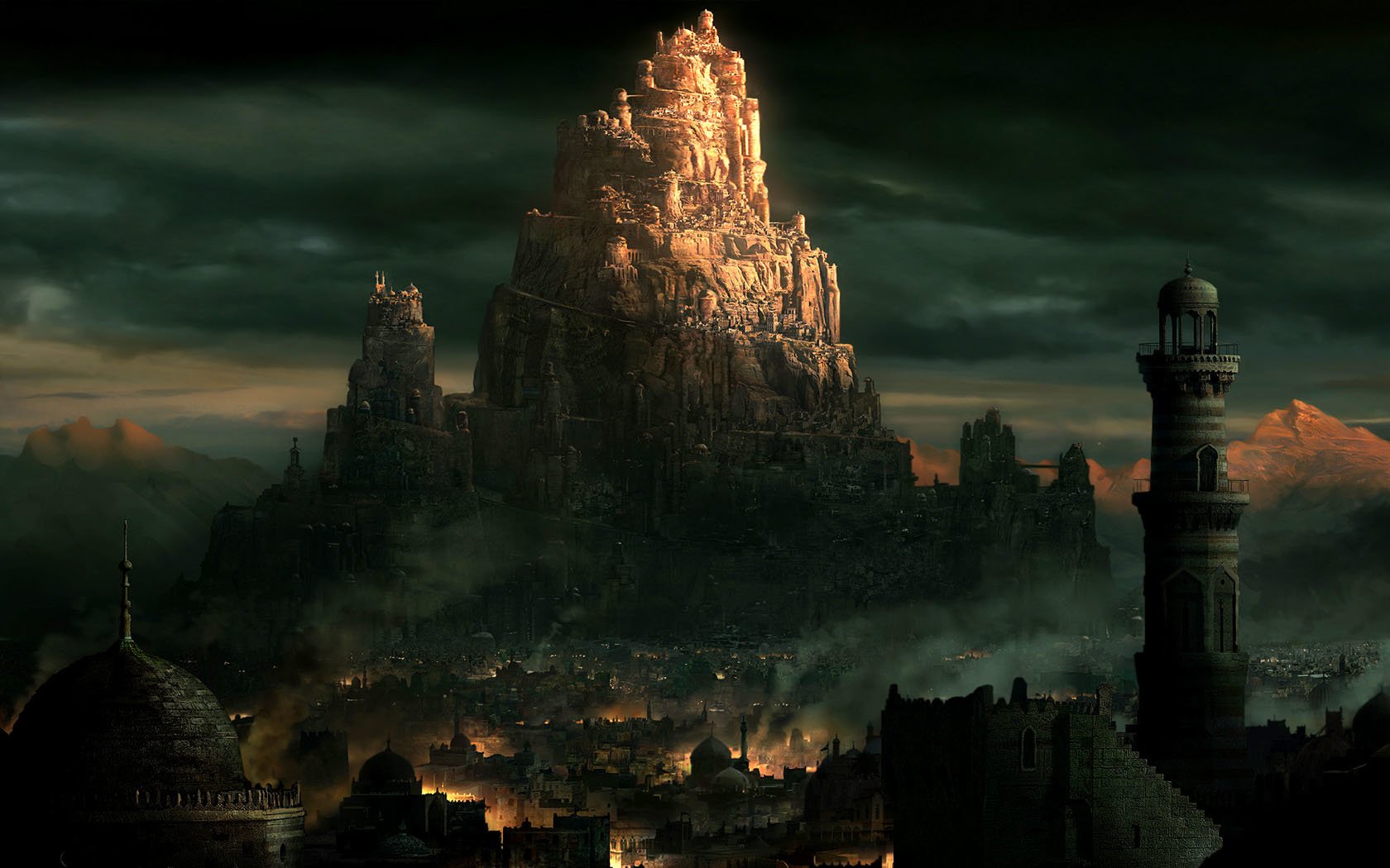 A towering, illuminated fantasy city rises amid dark, misty surroundings under a dramatic sky, blending ancient architecture with a mysterious atmosphere.