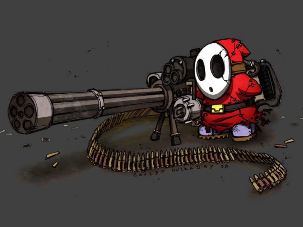 A Mario video game character, Shy Guy, dressed in red and purple, armed with an oversized gatling gun and a long belt of ammunition on a dark background.