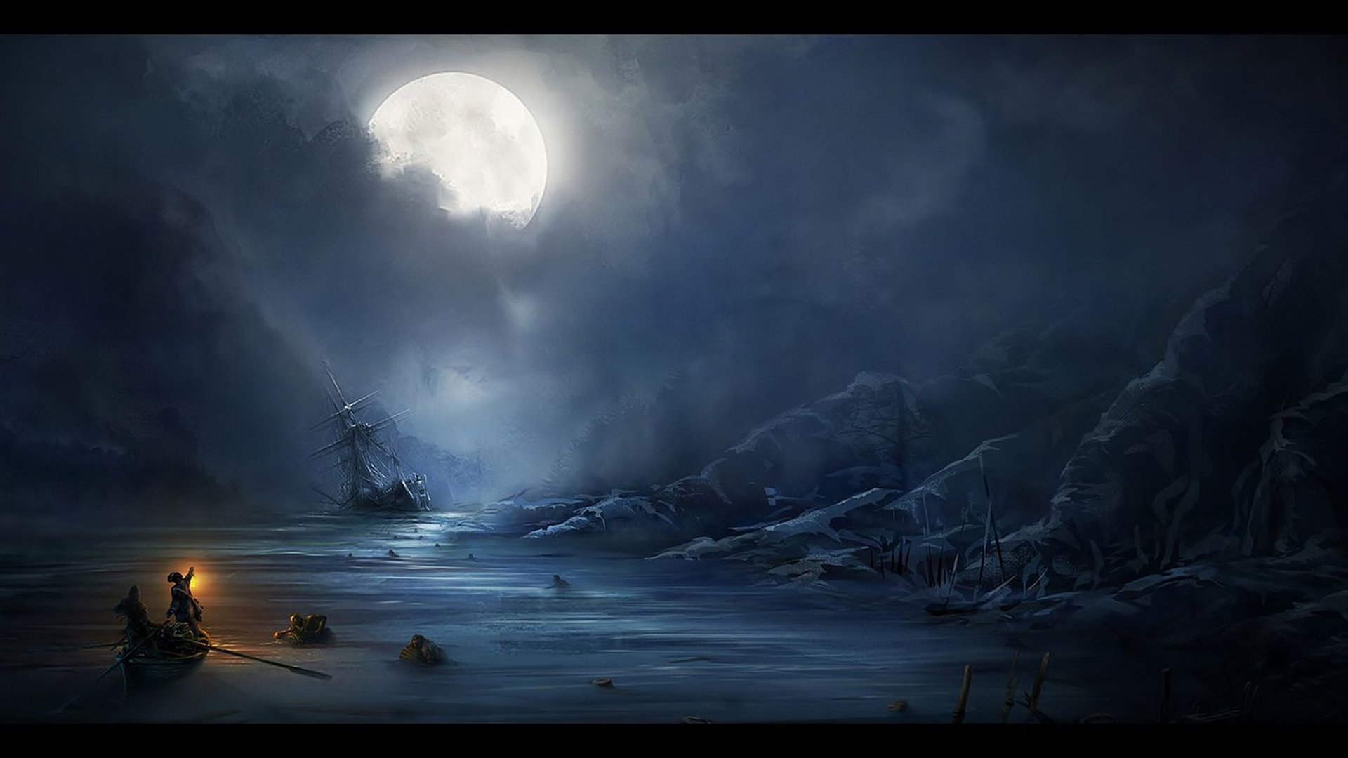 A fantasy scene depicting a glowing full moon illuminating a misty sea with a small boat and distant shipwreck near rocky cliffs.