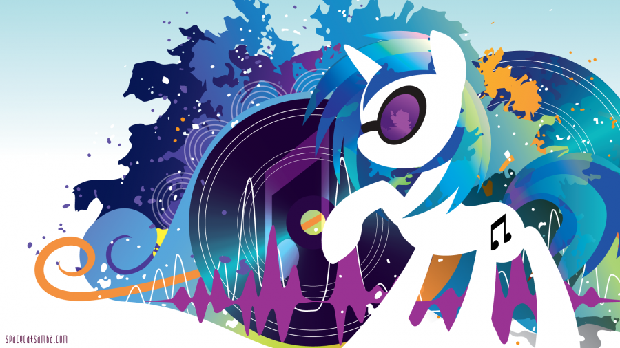 TV show My Little Pony: stylized white pony with neon blue mane and horn, wearing headphones beside a giant vinyl record and colorful soundwave splashes.
