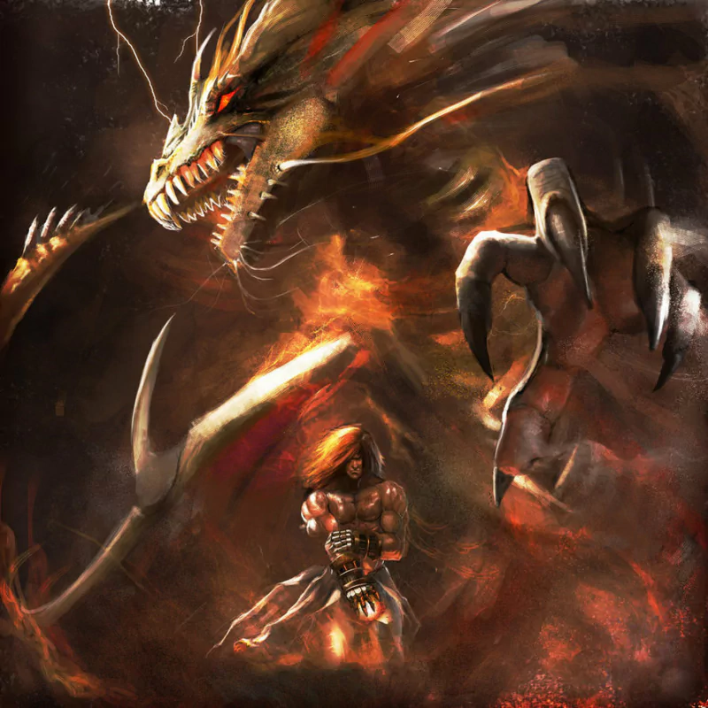 Ragnarok (video game) scene: a Sura warrior confronts a colossal, fire-breathing dragon amid swirling ash and molten flames.