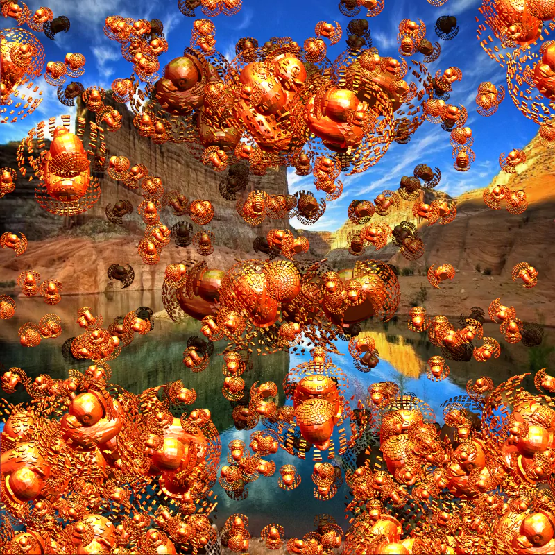 Abstract fractal of glowing metallic orange spheres and latticed orbs swirling above a canyon with a reflective river under a blue sky.