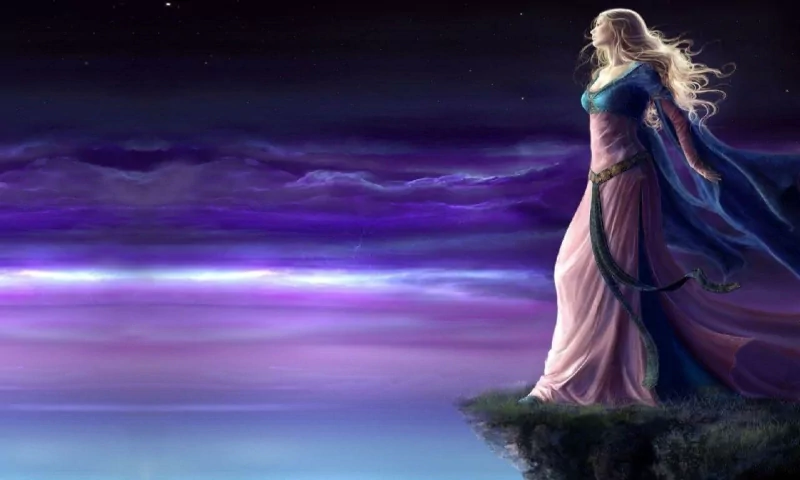 A fantasy scene featuring a woman with flowing blonde hair and a long dress standing on a cliff, gazing into a vibrant purple and blue mystical sky.