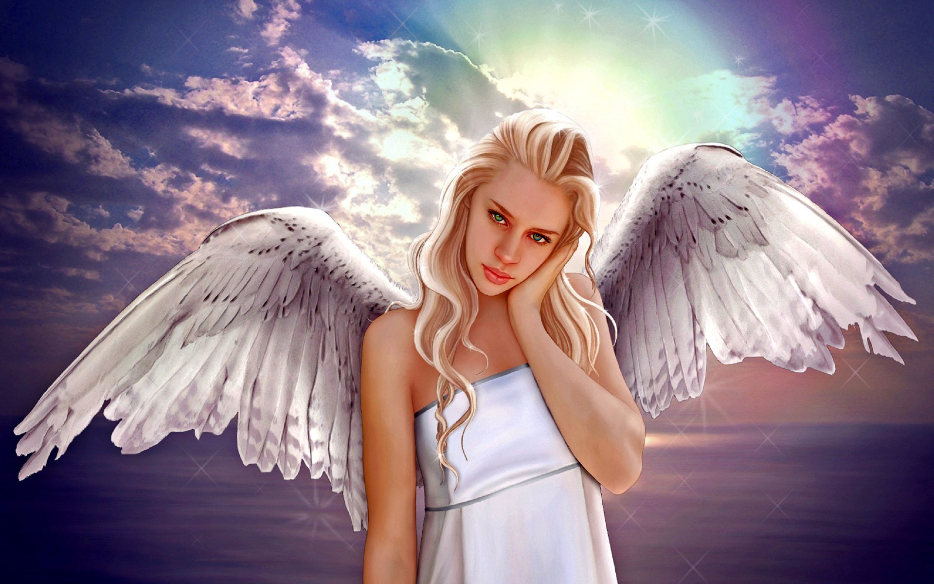 A fantasy scene depicting a serene angel with long blonde hair and large white wings, standing against a glowing sky with clouds and radiant light.