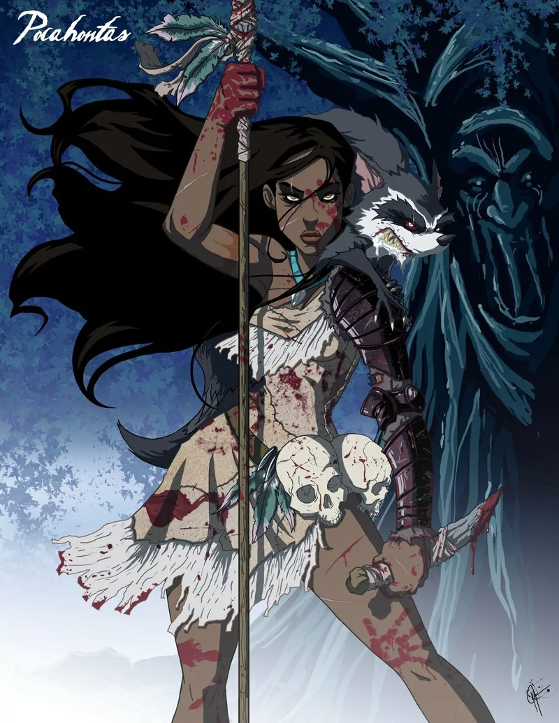 Illustration of Pocahontas from the movie, depicted as a fierce warrior holding a spear and knife, standing in front of a mystical tree with a raccoon on her shoulder.