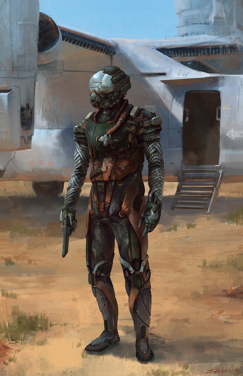 A sci-fi warrior in a full armored exosuit and helmet stands with a sidearm in front of a landed transport on a dusty plain.