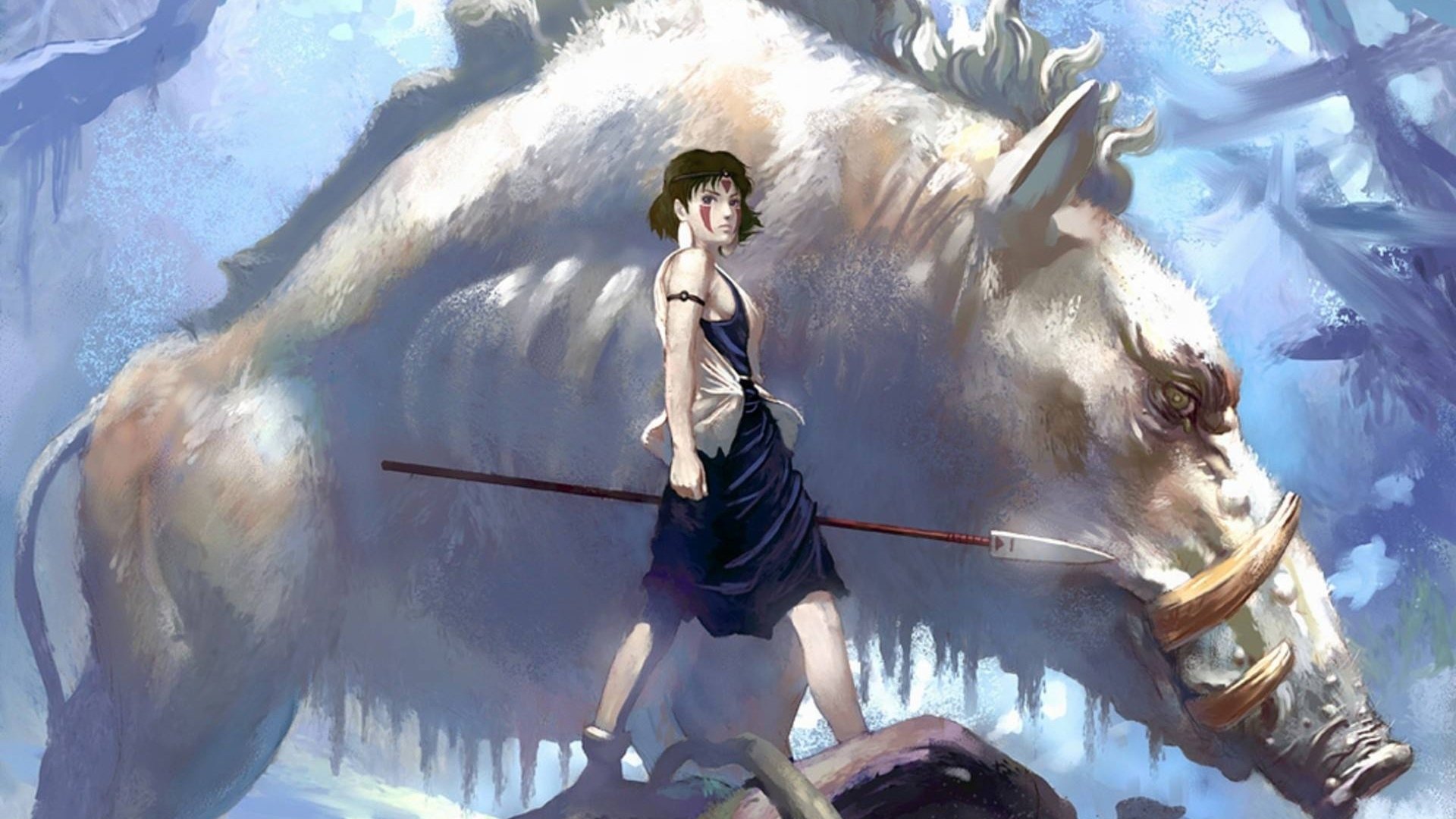 A scene from the anime Princess Mononoke, featuring a young woman walking confidently beside a large, skeletal boar in a lush, mystical forest.